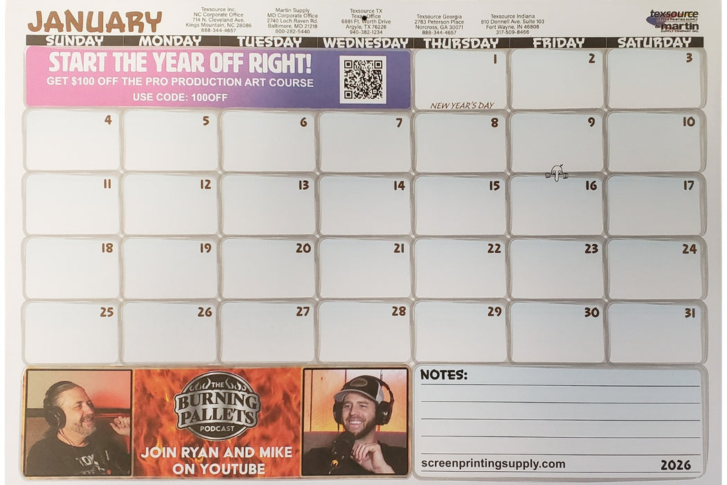 Texsource 2026 Desktop Calendar